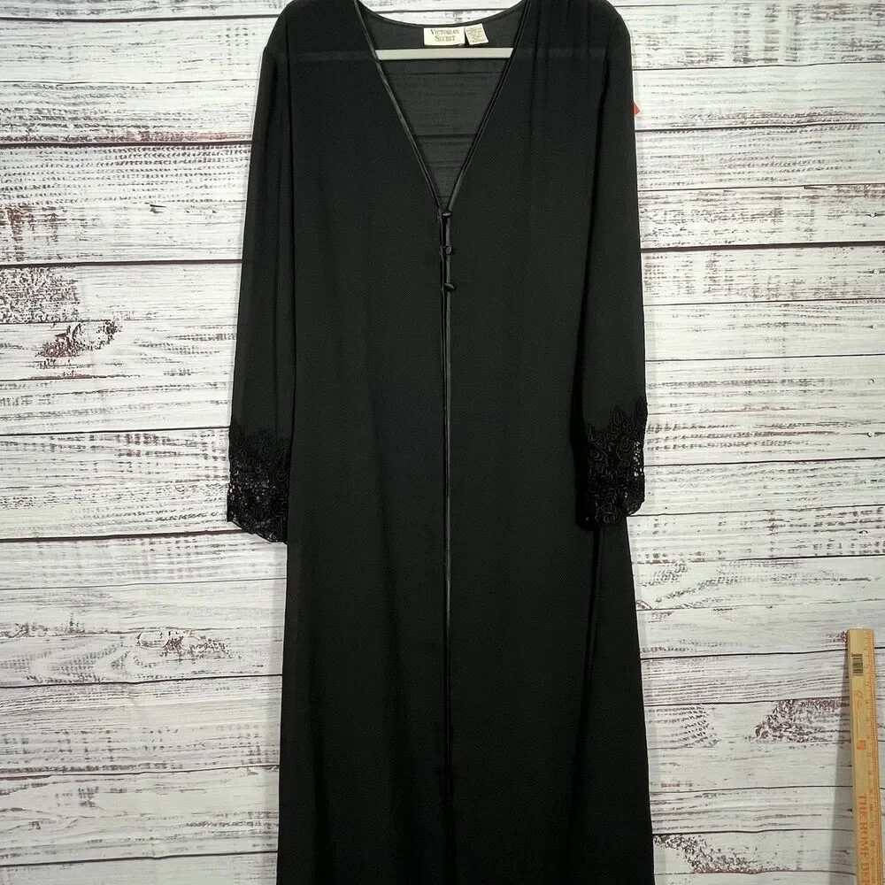 Vtg Victoria’s Secret Gold Label Robe M/L Black Long Lace Sheer Whimsy Goth